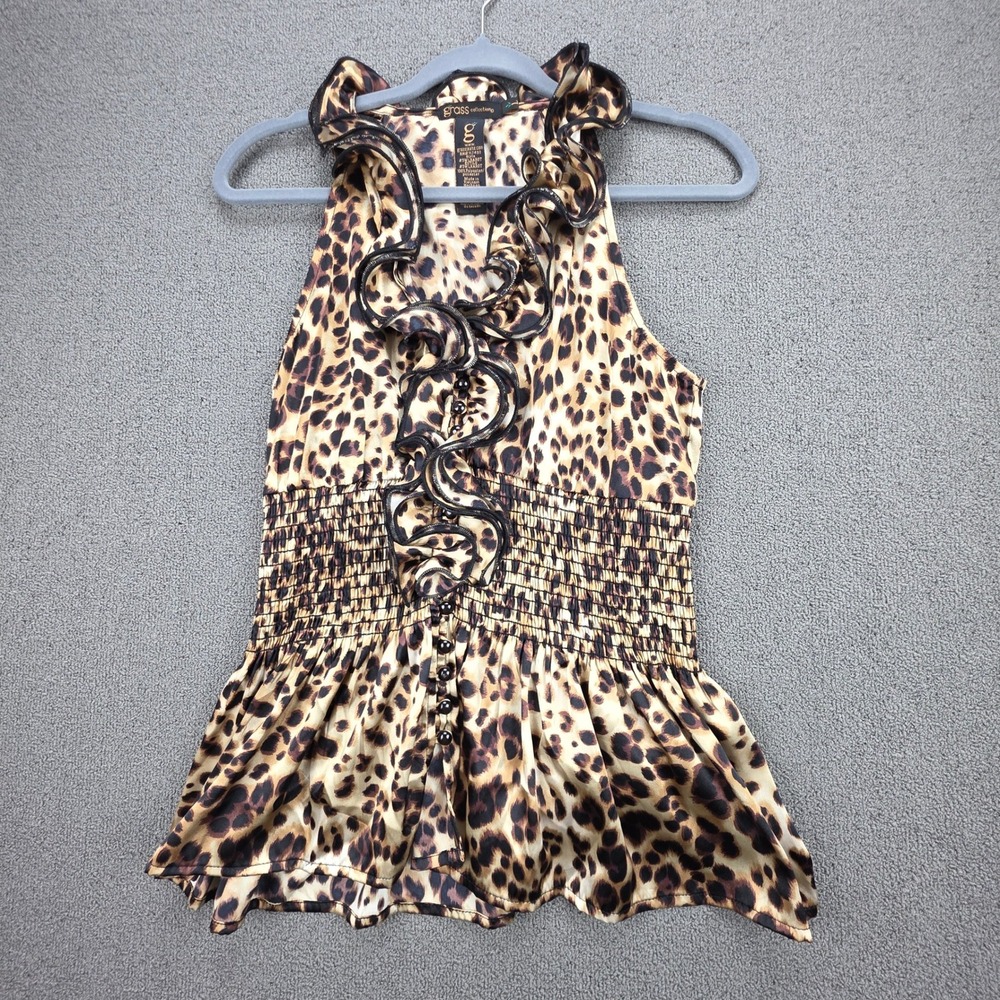 Grass Collection Leopard Print Ruffle Halter Top Smocked Waist Brown Large